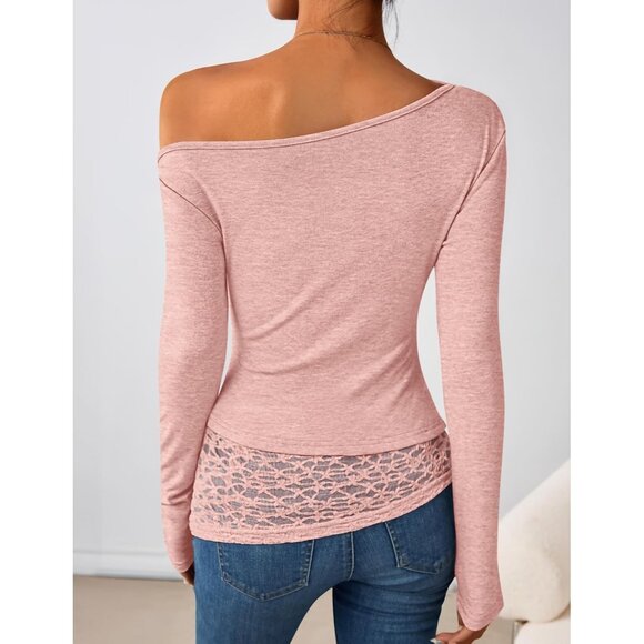 Women's Pink Long Sleeve Off Shoulder Tops Casual Boat Neck Lace Shirts Blouses - Picture 2 of 5